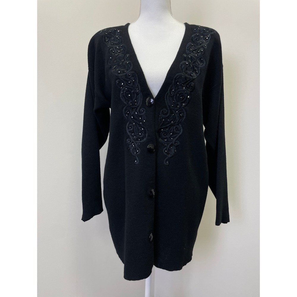 Pierre Cardin Vintage Black Embroidered Beaded Cardigan Sweater Wool Blend M